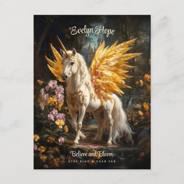 Golden Winged Unicorn Burg Pegasus Postkarte (Vorderseite)