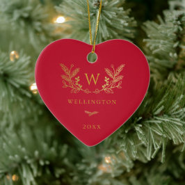 Golden Winter Sprigs Monogram Red Keramik Ornament
