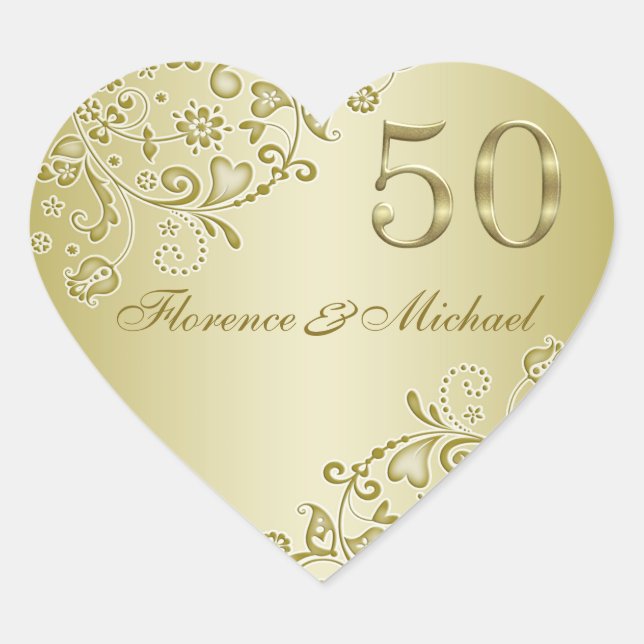 Golden Wirbel 50. Hochzeitsticker Herz-Aufkleber (Vorderseite)