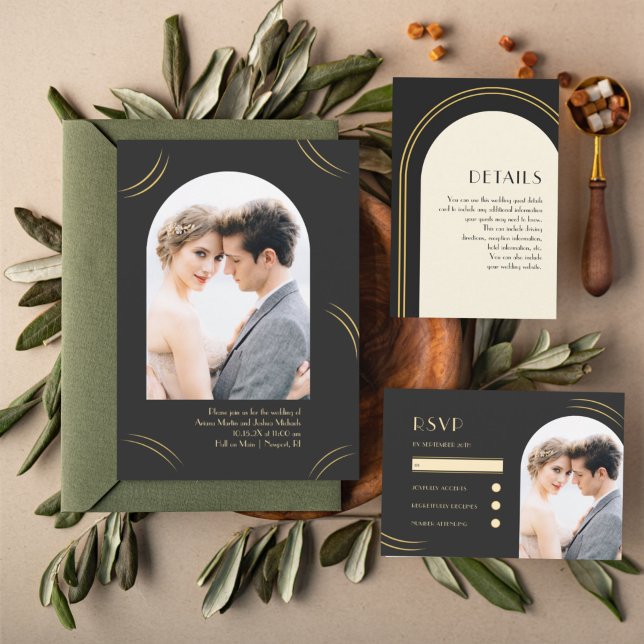 Golden Wisps Black Two Foto Hochzeit Einladung (Von Creator hochgeladen)