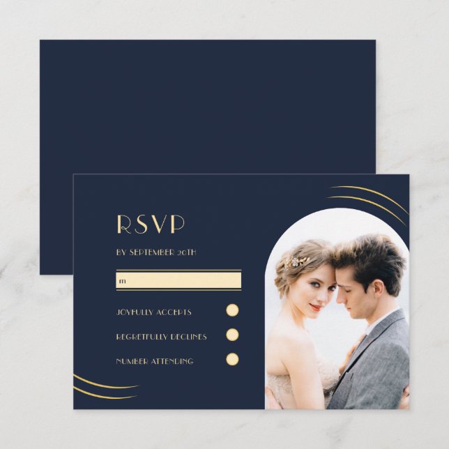 Golden Wisps Dark Blue Foto Wedding RSVP Karte (Vorne/Hinten)