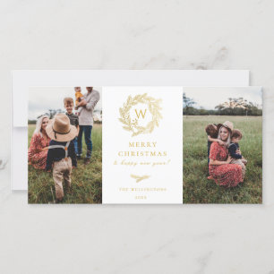 Golden Wreath Monogram Holiday 2 Carte photo