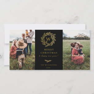 Golden Wreath Monogram Holiday 2 Carte photo Noir