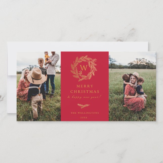 Golden Wreath Monogram Holiday 2 Carte photo Rouge (Devant)