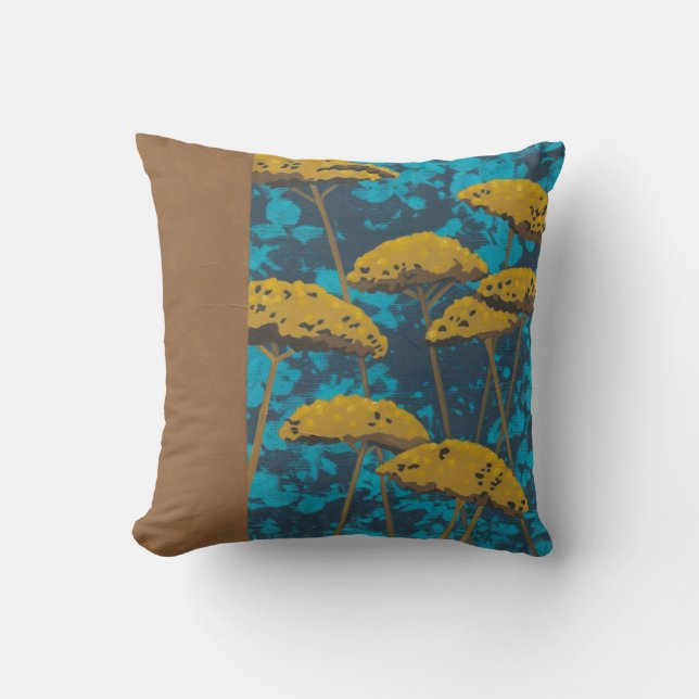 Golden Yarrow Garden mit blauem Hintergrund Kissen (Vorderseite)