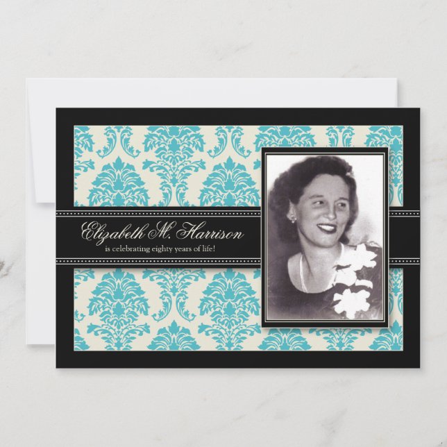 Golden Years Damask Birthday Party Invite (aqua) Einladung (Vorderseite)