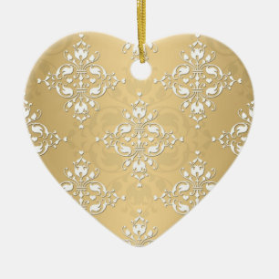 Golden Yellow and White Damask Muster Keramik Ornament