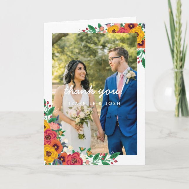 Golden Yellow Boho Florals Wedding Foto Dankeskarte (Vorderseite)