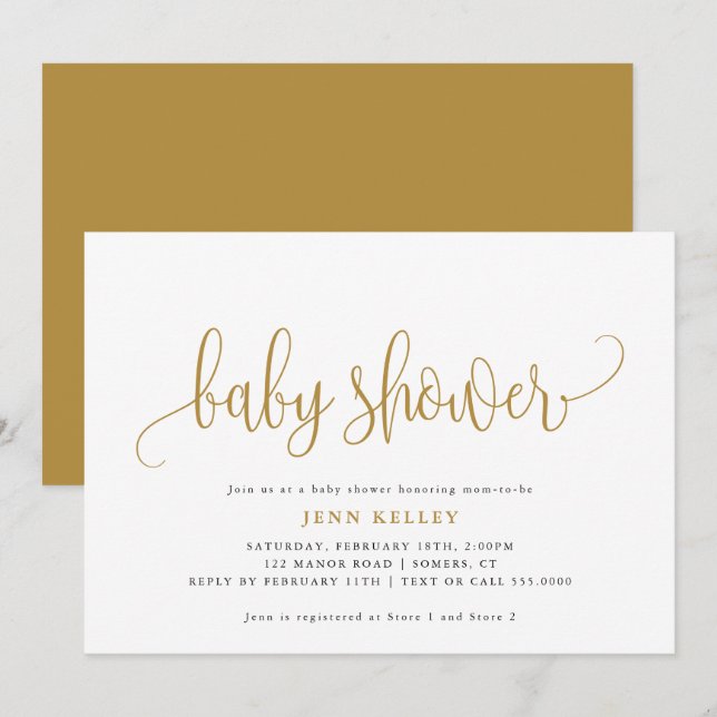 Golden Yellow Calligraphy Baby Dusche Einladung (Vorne/Hinten)