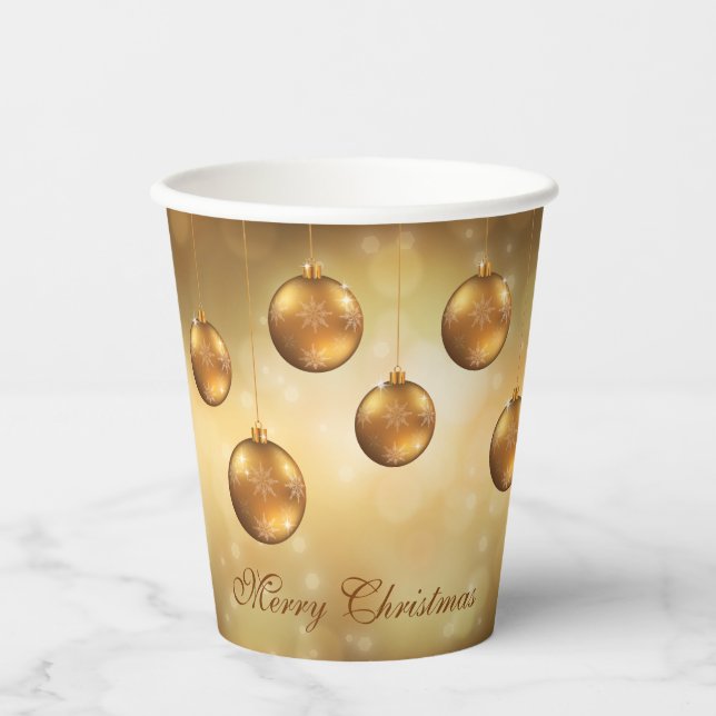 Golden Yellow Christmas Baubles on Yellow Bokeh Pappbecher (Vorderseite)
