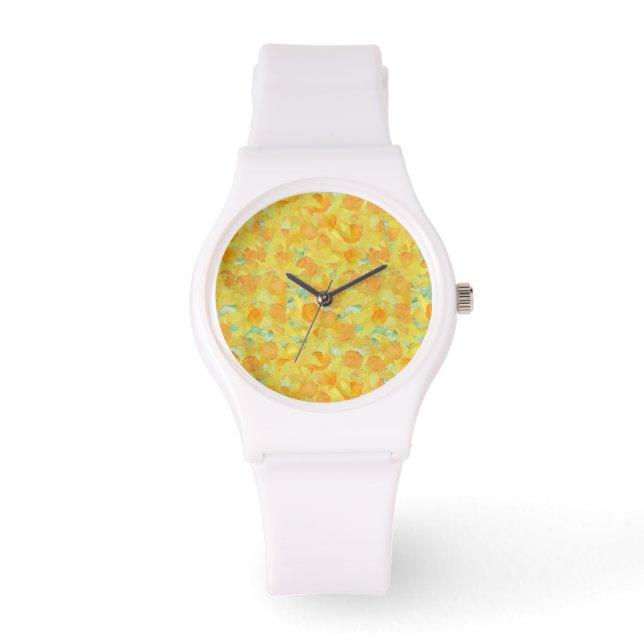 Golden Yellow Daffodien Sporty White Armbanduhr (Vorderseite)