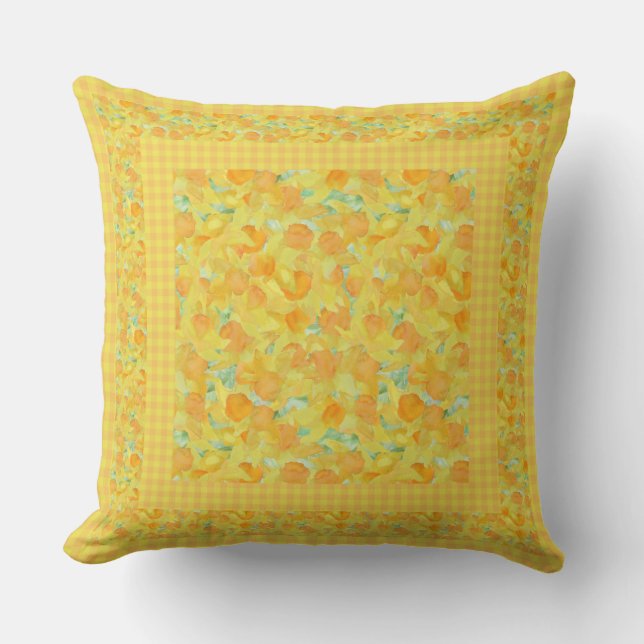 Golden Yellow Daffodien und Karo Gingham Border Kissen (Vorderseite)