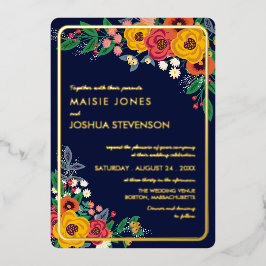 Golden Yellow Floral Navy Boho Bouquet Gold Folieneinladung