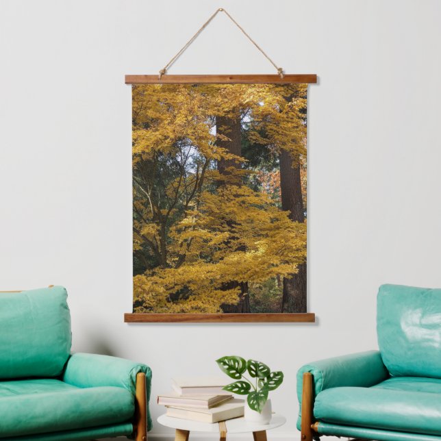 Golden Yellow Japanese Maple Leaves Botanical Wandteppich Mit Holzrahmen (Wohnzimmer)