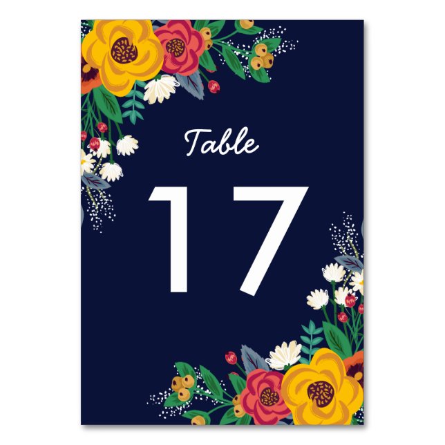 Golden Yellow Navy Bohemisch Bouquet Tischnummer (Vorderseite)