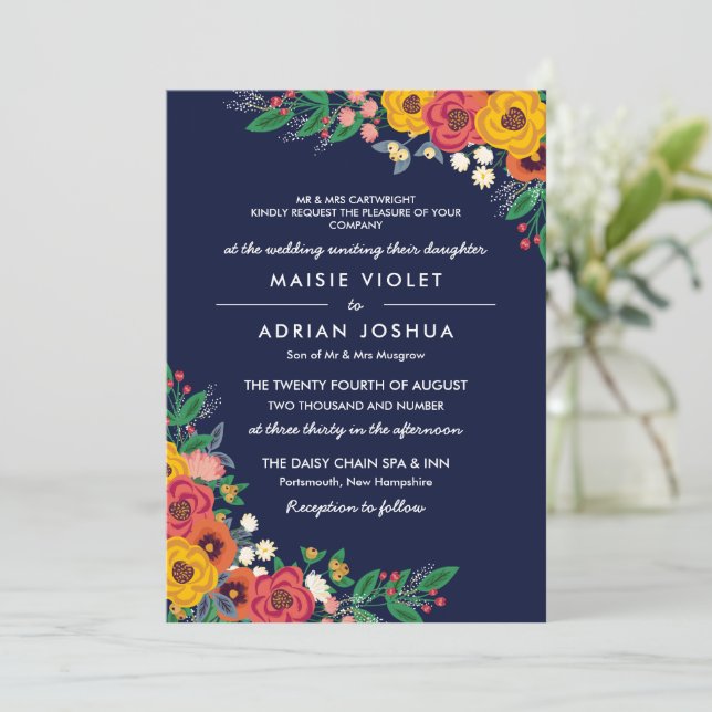 Golden Yellow Navy Boho Floral Parents Hosting Einladung (Stehend Vorderseite)