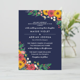Golden Yellow Navy Boho Floral Parents Hosting Einladung