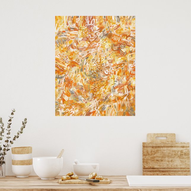 Golden Yellow Orange Warme Pinselstriche Abstrakt Poster (Küche)