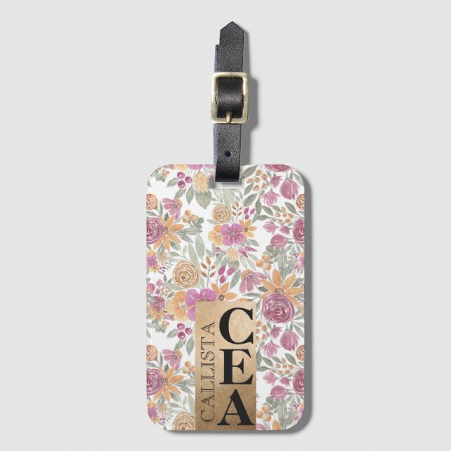 Golden Yellow Pink Floral Water Monogram Gepäckanhänger (Vorderseite Vertikal)