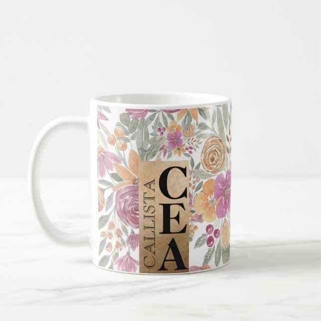 Golden Yellow Pink Floral Water Monogram Kaffeetasse (Links)