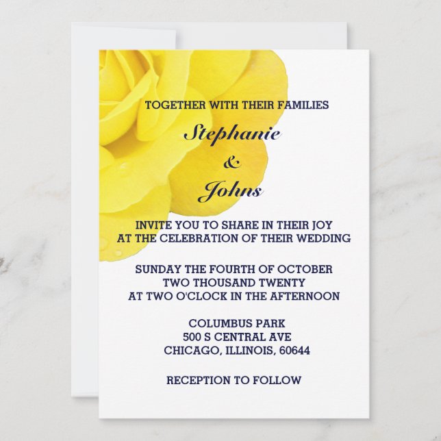 Golden Yellow Rose Dark Navy Blue White Wedding Einladung (Vorderseite)