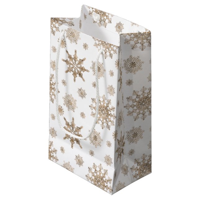 Golden Yellow Snowflakes Pattern Kleine Geschenktüte (Vorderseite Schrägansicht)