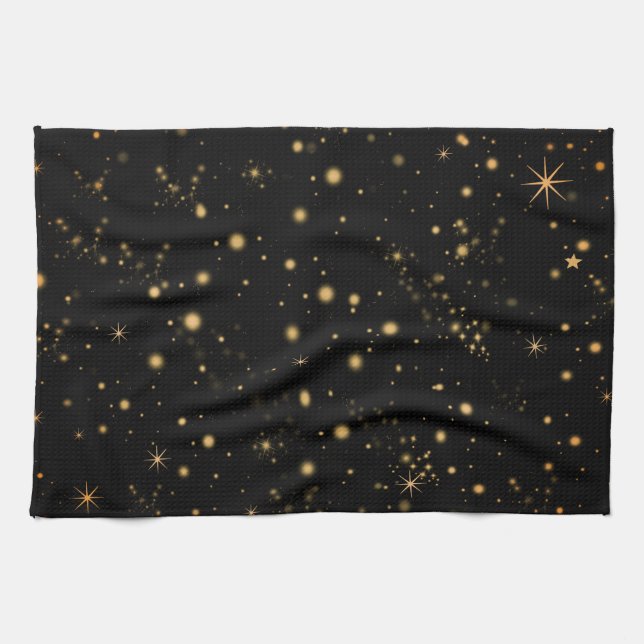 Golden Yellow Stars Black Night Sky Geschirrtuch (Horizontal)