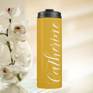 Golden Yellow Stylisierte Hochzeitsjungfrau Name Thermosbecher