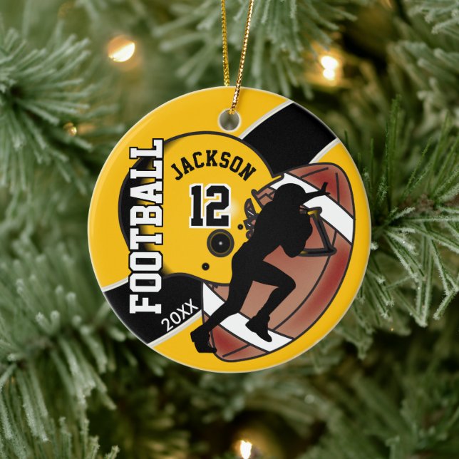 Golden Yellow und Black Football Player Keramik Ornament (Baum)
