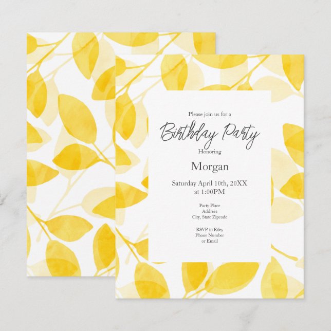 Golden Yellow Watercolor-Blätter Einladung (Vorne/Hinten)