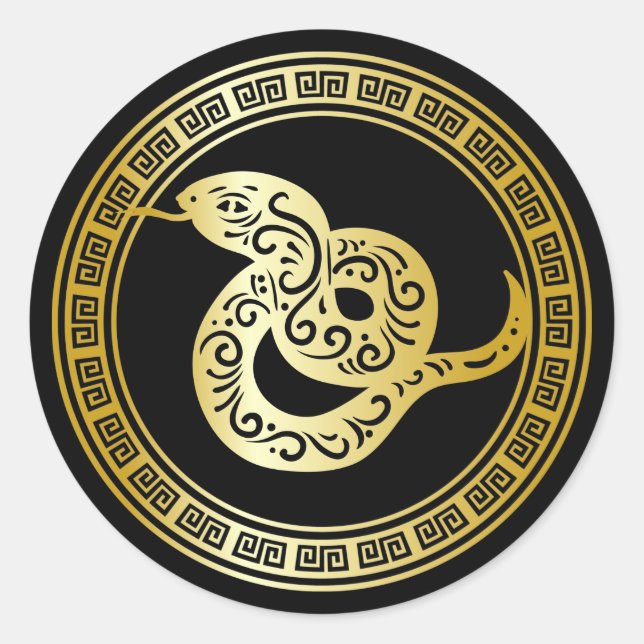 Golden Zodiac Schlange auf Schwarz mit Rahmen Runder Aufkleber (Vorderseite)