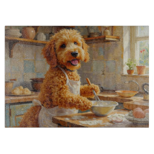 Goldendoodle beim Kochen in der Küche Schneidebrett
