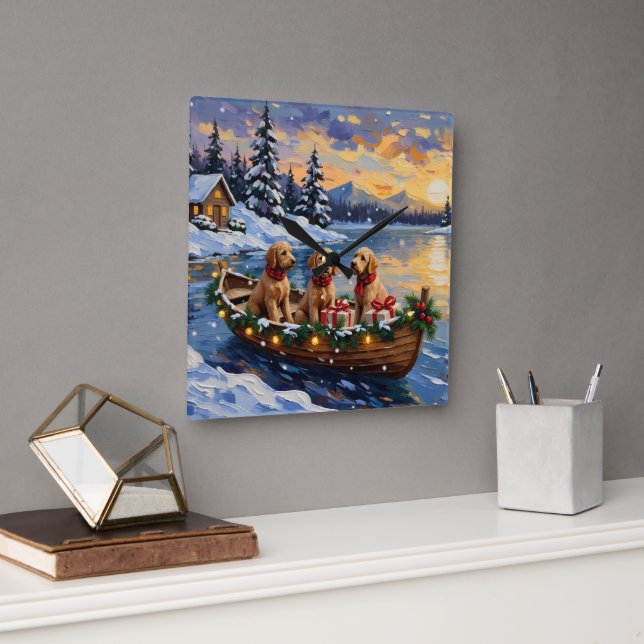 Goldendoodle Christmas Boat Holiday Quadratische Wanduhr (Büro)