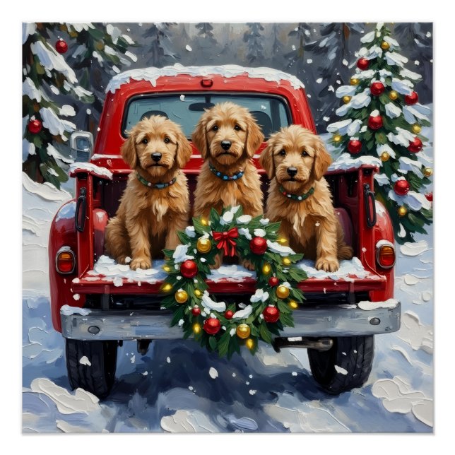 Goldendoodle Christmas Red Truck Holiday Poster (Vorderseite)