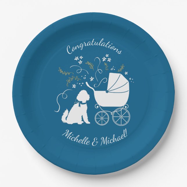 Goldendoodle Dog Baby Shower Boy Blue Pappteller (Vorderseite)