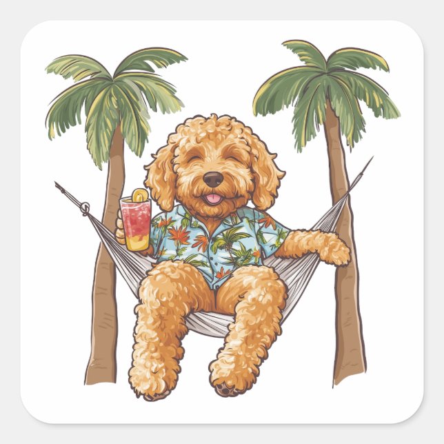 Goldendoodle Dog In Hawaiian Top Quadratischer Aufkleber (Vorderseite)