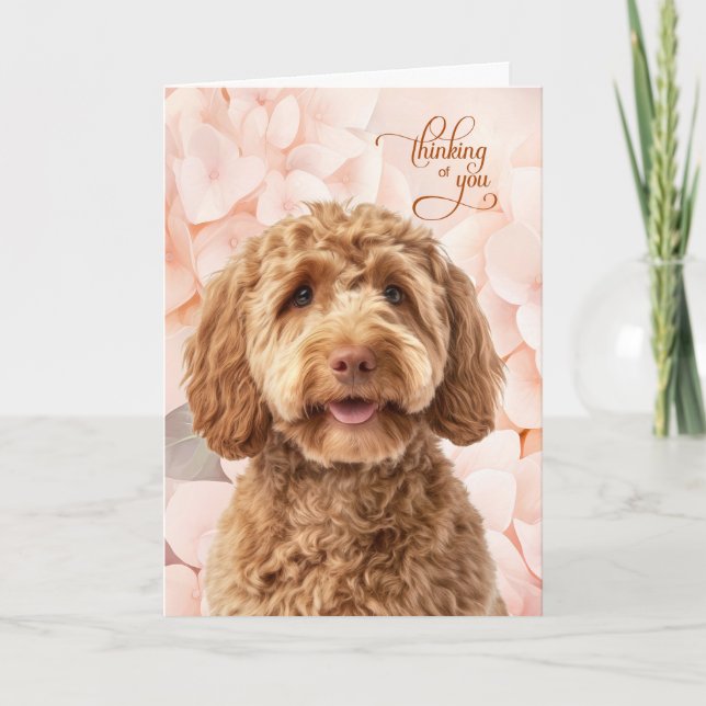 Goldendoodle Dog Peach Hydrangea Thinking of You Karte (Vorderseite)