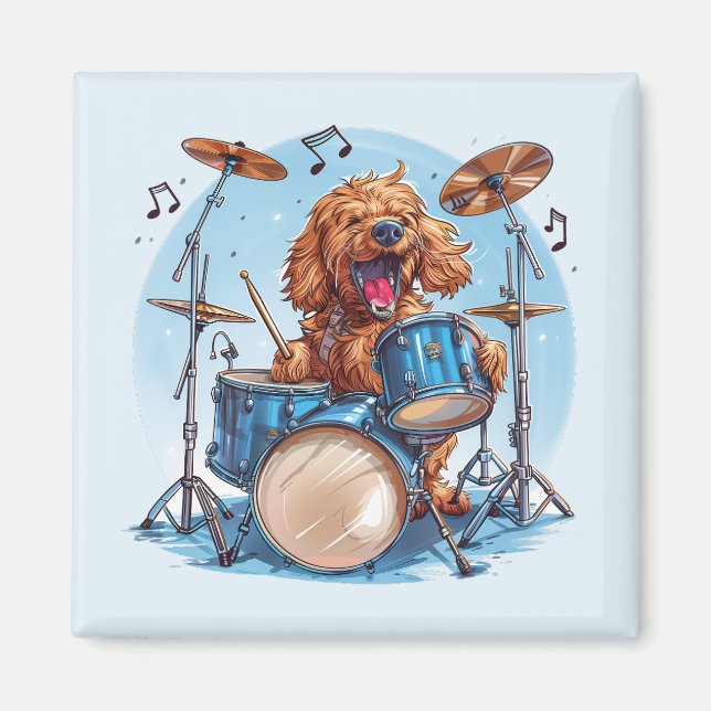Goldendoodle Dog Playing Drums Magnet (Vorne)