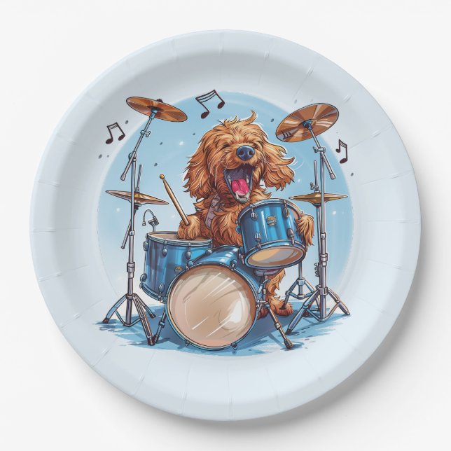 Goldendoodle Dog Playing Drums Pappteller (Vorderseite)