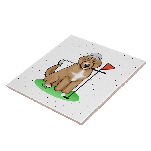 Goldendoodle Dog Playing Golf (Red whmk2) Niedlich Fliese (Seite)