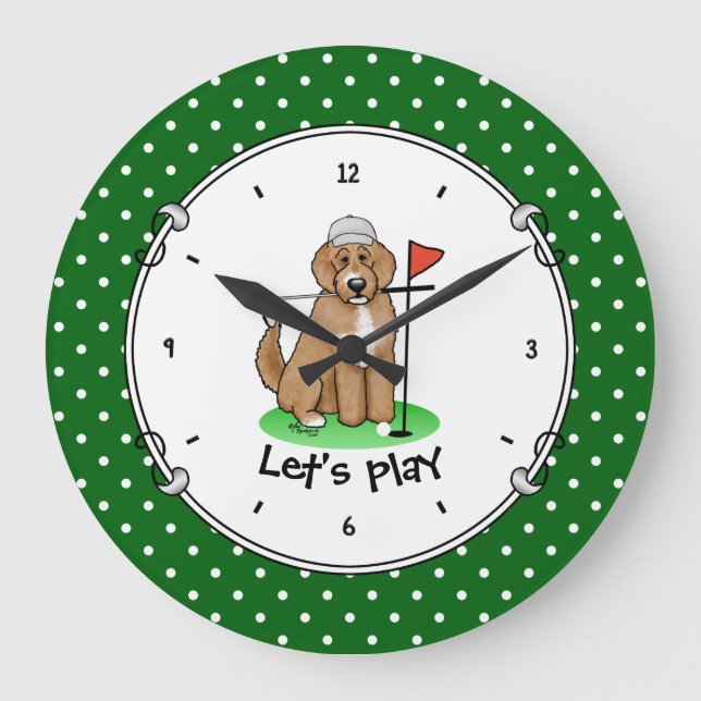 Goldendoodle Dog Playing Golf (Red whmk2) Niedlich Große Wanduhr (Vorderseite)