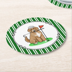 Goldendoodle Dog Playing Golf (Red whmk2) Niedlich Runder Pappuntersetzer
