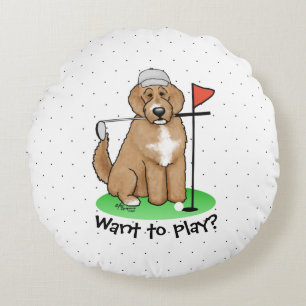 Goldendoodle Dog Playing Golf (Red whmk2) Niedlich Rundes Kissen