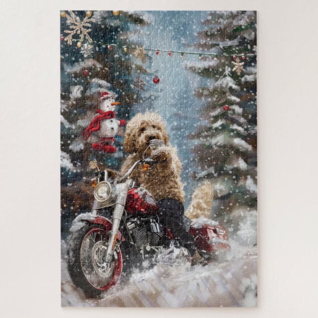 Goldendoodle Dog Riding Motorrad Weihnachten (Vertikal)