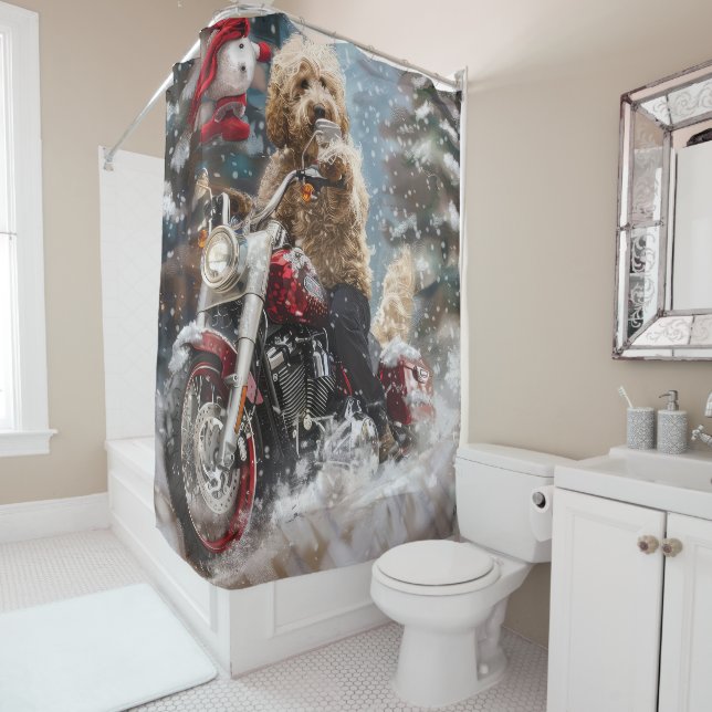 Goldendoodle Dog Riding Motorrad Weihnachten Duschvorhang (Beispiel)