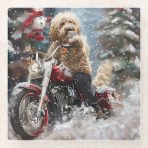 Goldendoodle Dog Riding Motorrad Weihnachten Glasuntersetzer