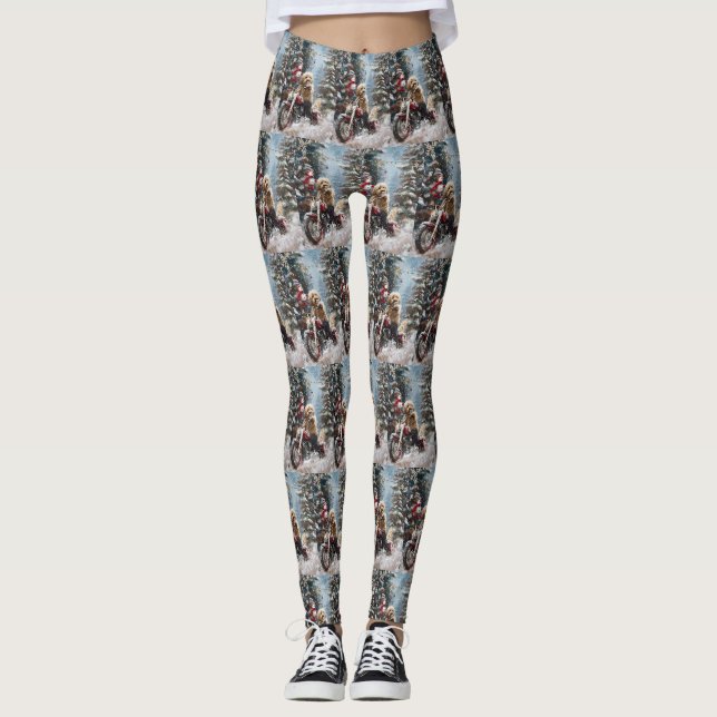 Goldendoodle Dog Riding Motorrad Weihnachten Leggings (Vorderseite)