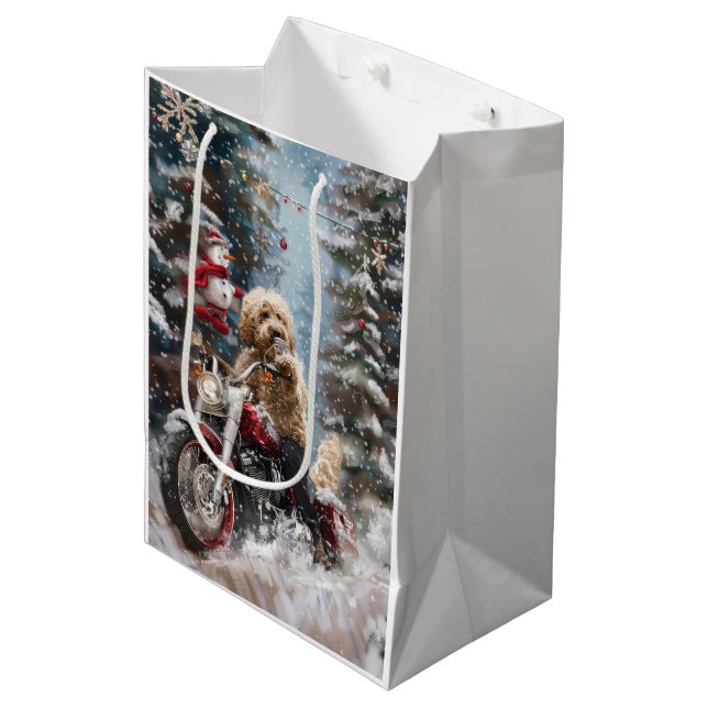 Goldendoodle Dog Riding Motorrad Weihnachten Mittlere Geschenktüte (Vorderseite Schrägansicht)
