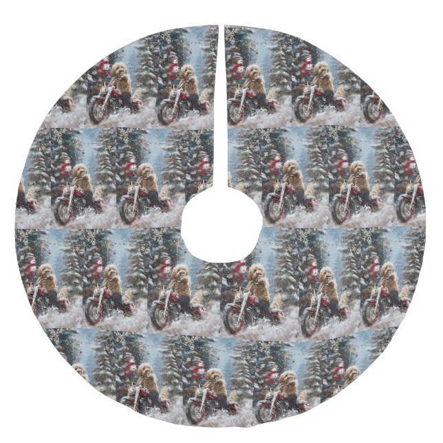 Goldendoodle Dog Riding Motorrad Weihnachten Polyester Weihnachtsbaumdecke (Vorderseite)