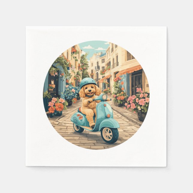 Goldendoodle Dog Riding Scooter European Streets Serviette (Vorderseite)